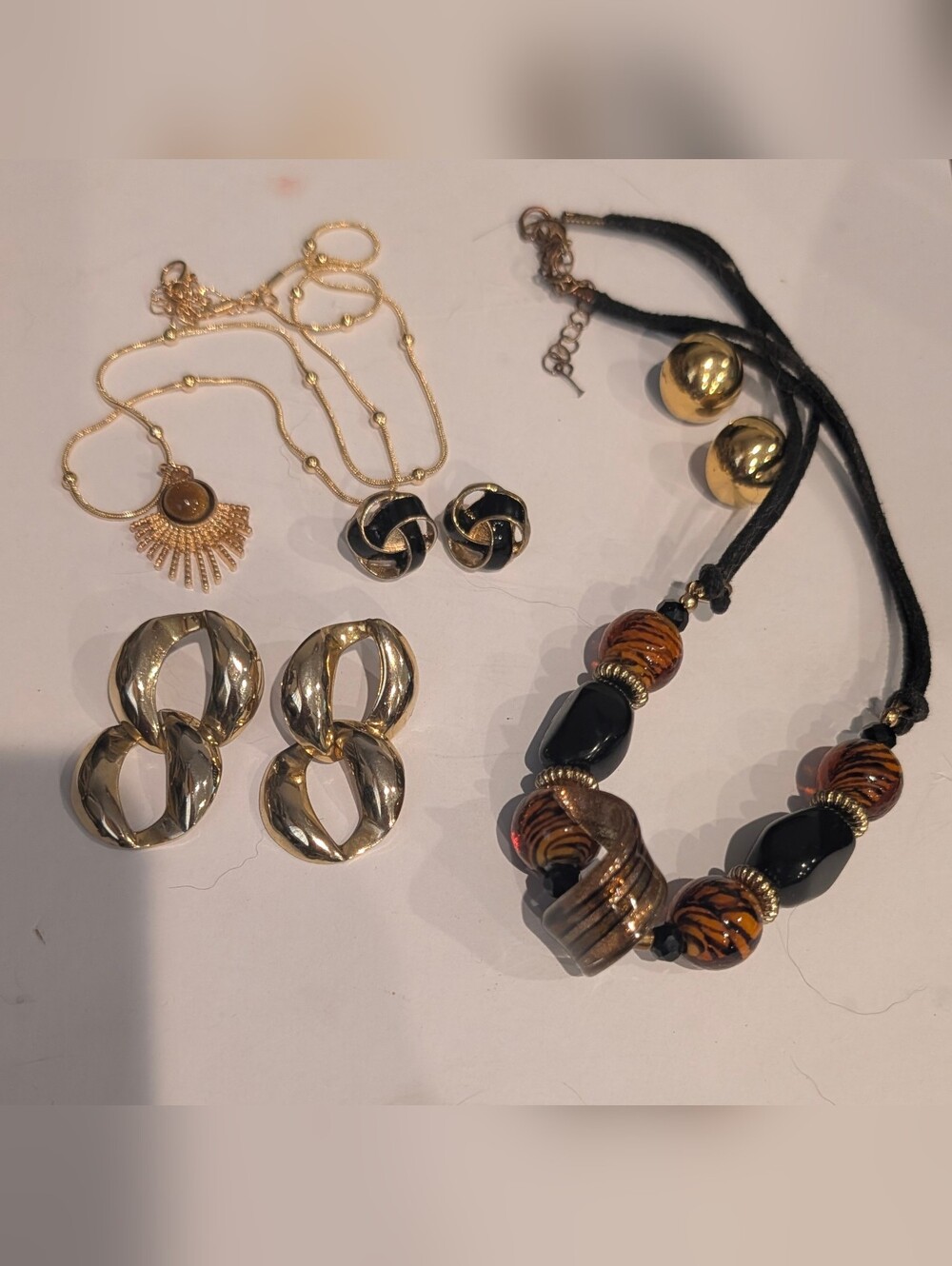 Gold-Tone Women’s Jewelry Set — Statement Earrings & Beaded Necklace